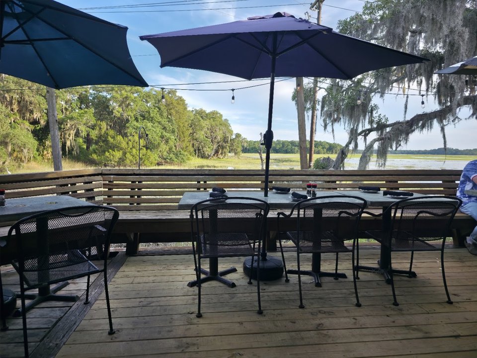 Seafood plates on a casual restaurant table.